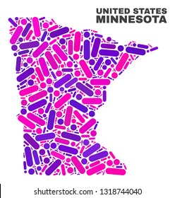 Mosaic Minnesota State map isolated on a white background. Vector geographic abstraction in pink and violet colors. Mosaic of Minnesota State map combined of scattered circle points and lines.