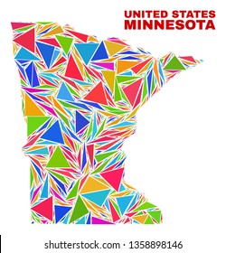 Mosaic Minnesota State map of triangles in bright colors isolated on a white background. Triangular collage in shape of Minnesota State map. Abstract design for patriotic decoration.
