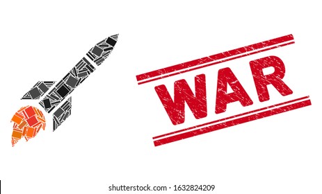 Mosaic missile flight pictogram and red War stamp between double parallel lines. Flat vector missile flight mosaic pictogram of randomized rotated rectangle elements.