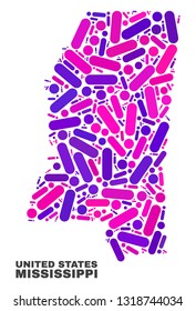 Mosaic Mississippi State map isolated on a white background. Vector geographic abstraction in pink and violet colors. Mosaic of Mississippi State map combined of random round points and lines.
