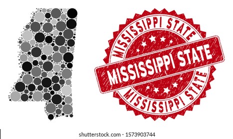 Mosaic Mississippi State map and round seal stamp. Flat vector Mississippi State map mosaic of randomized round elements. Red seal stamp with dirty surface.