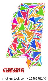 Mosaic Mississippi State map of triangles in bright colors isolated on a white background. Triangular collage in shape of Mississippi State map. Abstract design for patriotic decoration.