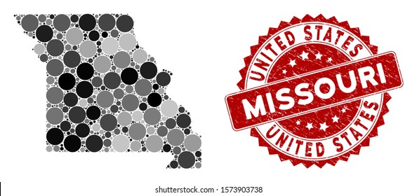 Mosaic Missouri State map and circle rubber print. Flat vector Missouri State map mosaic of randomized circle elements. Red rubber seal with dirty texture.