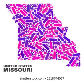 Mosaic Missouri State map isolated on a white background. Vector geographic abstraction in pink and violet colors. Mosaic of Missouri State map combined of scattered circle dots and lines.