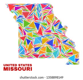 Mosaic Missouri State map of triangles in bright colors isolated on a white background. Triangular collage in shape of Missouri State map. Abstract design for patriotic decoration.