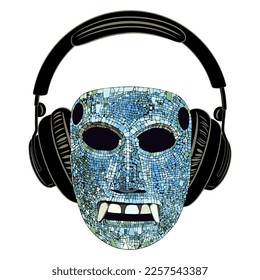 Mosaic Mixtec inside headphones. Creative concept. Ancient Aztec god listening to modern music. Isolated vector illustration.