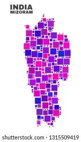 Mosaic Mizoram State map isolated on a white background. Vector geographic abstraction in pink and violet colors. Mosaic of Mizoram State map combined of scattered square elements.