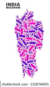 Mosaic Mizoram State map isolated on a white background. Vector geographic abstraction in pink and violet colors. Mosaic of Mizoram State map combined of scattered circle dots and lines.