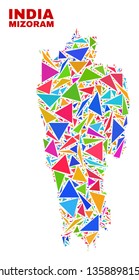 Mosaic Mizoram State map of triangles in bright colors isolated on a white background. Triangular collage in shape of Mizoram State map. Abstract design for patriotic illustrations.