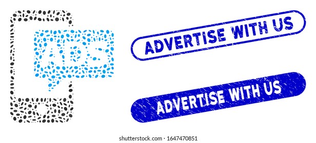 Mosaic mobile ads and distressed stamp seals with Advertise with Us text. Mosaic vector mobile ads is created with scattered ellipse elements. Advertise with Us seals use blue color,