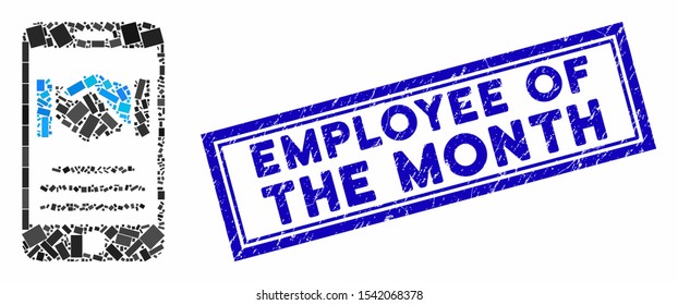 Mosaic mobile agreement handshake and corroded stamp seal with Employee of the Month text. Mosaic vector mobile agreement handshake is composed with randomized rectangle items.