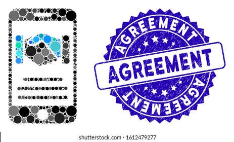 Mosaic mobile agreement handshake icon and corroded stamp seal with Agreement caption. Mosaic vector is designed with mobile agreement handshake icon and with scattered circle spots.