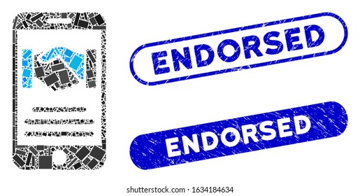 Mosaic mobile agreement handshake and rubber stamp seals with Endorsed caption. Mosaic vector mobile agreement handshake is formed with random rectangle items. Endorsed seals use blue color,