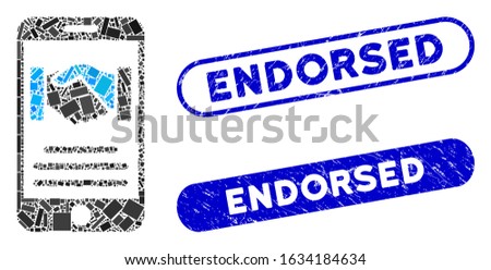 Mosaic mobile agreement handshake and rubber stamp seals with Endorsed caption. Mosaic vector mobile agreement handshake is formed with random rectangle items. Endorsed seals use blue color,