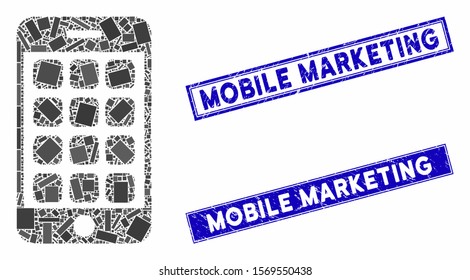 Mosaic mobile apps pictogram and rectangle seal stamps. Flat vector mobile apps mosaic pictogram of randomized rotated rectangle elements. Blue caption rubber stamps with scratched texture.
