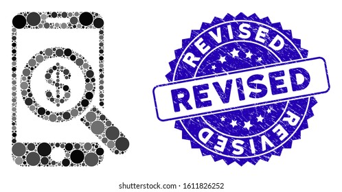 Mosaic mobile audit icon and corroded stamp seal with Revised text. Mosaic vector is formed with mobile audit icon and with randomized circle elements. Revised stamp uses blue color,