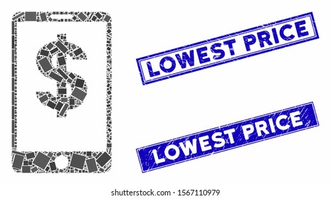 Mosaic mobile balance pictogram and rectangle seal stamps. Flat vector mobile balance mosaic pictogram of random rotated rectangle elements. Blue caption stamps with distress textures.
