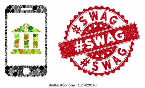 Mosaic mobile bank and grunge stamp seal with #Swag text. Mosaic vector is designed with mobile bank icon and with scattered circle items. #Swag stamp seal uses red color, and grunge texture.