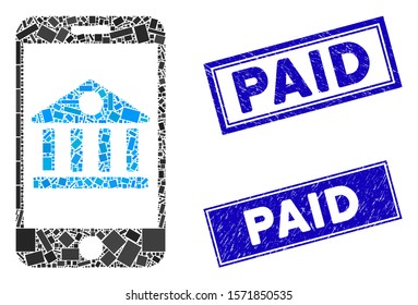 Mosaic mobile bank icon and rectangular Paid seal stamps. Flat vector mobile bank mosaic pictogram of scattered rotated rectangular items. Blue Paid seal stamps with corroded textures.