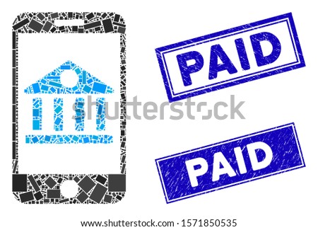 Mosaic mobile bank icon and rectangular Paid seal stamps. Flat vector mobile bank mosaic pictogram of scattered rotated rectangular items. Blue Paid seal stamps with corroded textures.
