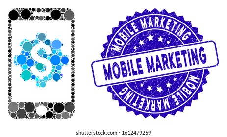 Mosaic mobile bank setup icon and rubber stamp seal with Mobile Marketing caption. Mosaic vector is composed with mobile bank setup pictogram and with random round items.