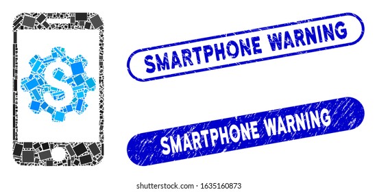 Mosaic mobile bank setup and rubber stamp seals with Smartphone Warning text. Mosaic vector mobile bank setup is created with randomized rectangle items. Smartphone Warning stamp seals use blue color,