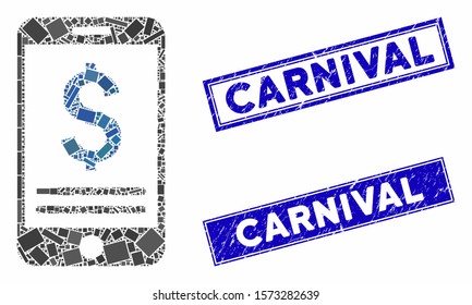Mosaic mobile banking icon and rectangle Carnival stamps. Flat vector mobile banking mosaic icon of random rotated rectangular items. Blue Carnival rubber stamps with rubber textures.