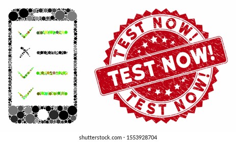 Mosaic mobile checklist and distressed stamp seal with Test Now! text. Mosaic vector is composed with mobile checklist icon and with randomized round items. Test Now! stamp uses red color,