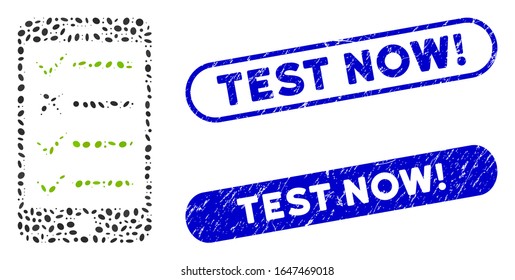 Mosaic mobile checklist and distressed stamp seals with Test Now! caption. Mosaic vector mobile checklist is created with random ellipse items. Test Now! stamp seals use blue color,