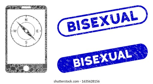 Mosaic mobile compass and distressed stamp watermarks with Bisexual caption. Mosaic vector mobile compass is designed with scattered rectangle items. Bisexual stamp seals use blue color,