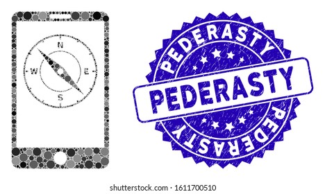 Mosaic mobile compass icon and grunge stamp seal with Pederasty caption. Mosaic vector is formed with mobile compass icon and with random circle items. Pederasty seal uses blue color,