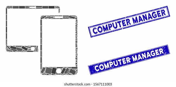 Mosaic mobile devices pictogram and rectangle seals. Flat vector mobile devices mosaic pictogram of random rotated rectangle elements. Blue caption seals with corroded texture.