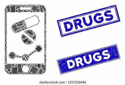 Mosaic mobile drugstore chart icon and rectangle seal stamps. Flat vector mobile drugstore chart mosaic pictogram of random rotated rectangle elements. Blue caption seal stamps with grunged texture.