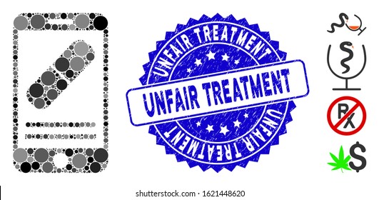 Mosaic mobile drugstore icon and rubber stamp seal with Unfair Treatment text. Mosaic vector is designed with mobile drugstore pictogram and with scattered round elements.