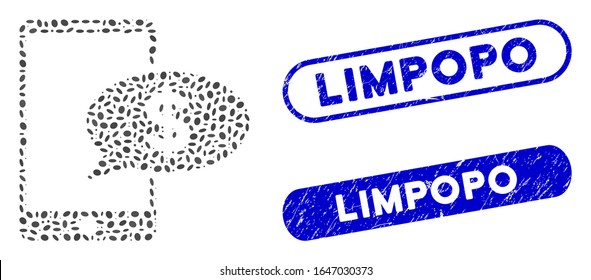 Mosaic mobile financial message and grunge stamp seals with Limpopo text. Mosaic vector mobile financial message is designed with randomized oval parts. Limpopo stamp seals use blue color,