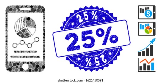 Mosaic mobile graphs icon and grunge stamp seal with 25% phrase. Mosaic vector is designed with mobile graphs icon and with random spheric items. 25% stamp uses blue color, and scratched surface.