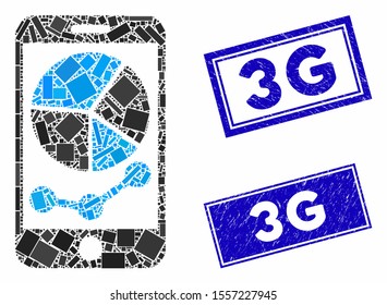 Mosaic mobile graphs icon and rectangular seals. Flat vector mobile graphs mosaic icon of random rotated rectangle elements. Blue caption rubber seals with distress texture.