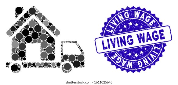 Mosaic Mobile House Icon And Grunge Stamp Seal With Living Wage Text. Mosaic Vector Is Composed With Mobile House Pictogram And With Randomized Spheric Elements.