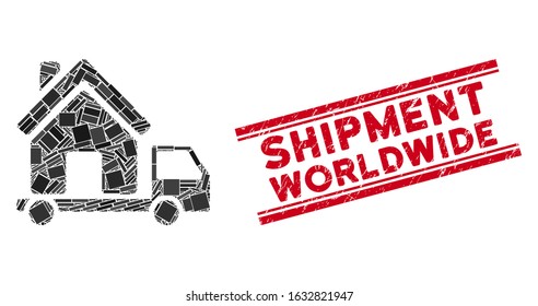 Mosaic mobile house icon and red Shipment Worldwide seal stamp between double parallel lines. Flat vector mobile house mosaic icon of randomized rotated rectangular elements.