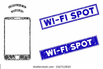 Mosaic mobile irda signal pictogram and rectangular seal stamps. Flat vector mobile irda signal mosaic pictogram of random rotated rectangle elements. Blue caption seal stamps with distress texture.