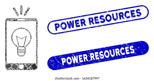 Mosaic mobile lamp light and rubber stamp watermarks with Power Resources phrase. Mosaic vector mobile lamp light is designed with random rectangle items. Power Resources stamp seals use blue color,