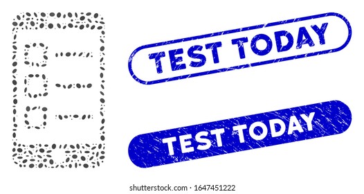 Mosaic mobile list and distressed stamp seals with Test Today phrase. Mosaic vector mobile list is composed with randomized ellipse spots. Test Today stamp seals use blue color,