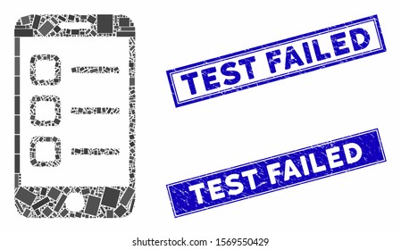 Mosaic mobile list icon and rectangle seal stamps. Flat vector mobile list mosaic pictogram of scattered rotated rectangle items. Blue caption rubber stamps with distress texture.