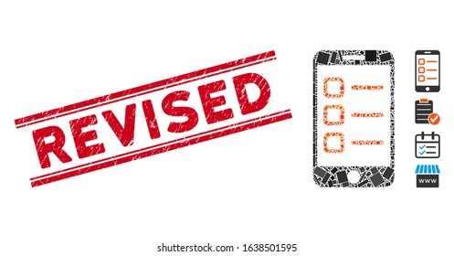 Mosaic mobile list icon and red Revised seal stamp between double parallel lines. Flat vector mobile list mosaic pictogram of scattered rotated rectangle elements.