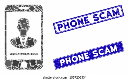 Mosaic mobile manager contact icon and rectangle seals. Flat vector mobile manager contact mosaic icon of randomized rotated rectangle elements. Blue caption seals with grunge texture.