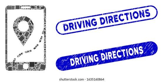 Mosaic mobile map navigation and rubber stamp seals with Driving Directions caption. Mosaic vector mobile map navigation is formed with randomized rectangles.