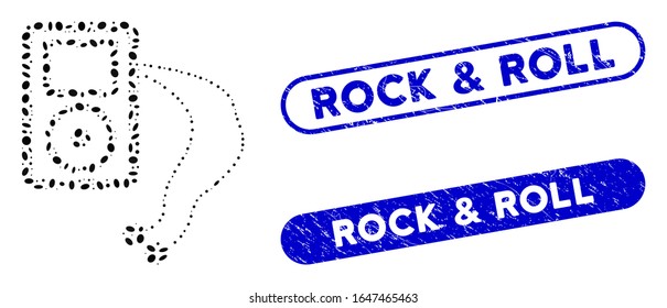 Mosaic mobile media player and corroded stamp seals with Rock & Roll text. Mosaic vector mobile media player is composed with scattered ellipse spots. Rock & Roll seals use blue color,