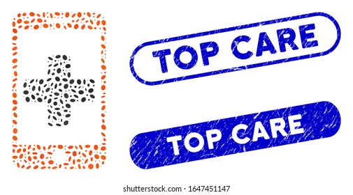 Mosaic mobile medical help and grunge stamp seals with Top Care phrase. Mosaic vector mobile medical help is composed with randomized oval dots. Top Care stamp seals use blue color,