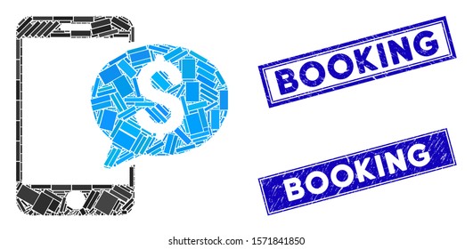 Mosaic mobile money message pictogram and rectangular Booking seal stamps. Flat vector mobile money message mosaic pictogram of randomized rotated rectangular elements.