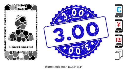 Mosaic mobile patient icon and grunge stamp watermark with 3.00 text. Mosaic vector is created with mobile patient icon and with scattered circle elements. 3.00 stamp uses blue color,